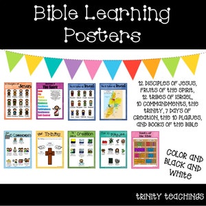 18 poster per imparare la Bibbia. 9 colori, 9 bianco e nero. Grafici murali in classe. 8,5 x 11 pollici