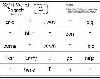 40 Printable Dolch Pre-Primer Sight Word Search Worksheets. Preschool-PreK Handwriting and Spelling Activity.