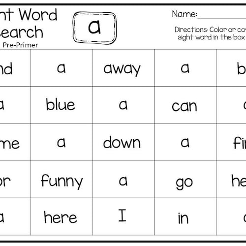 40 Printable Dolch Preprimer Sight Word Search Worksheets. Etsy
