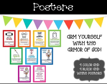 18 Armor of God Posters. 9 Color, 9 Black and White. Classroom Wall Charts. 8.5 x 11 inches