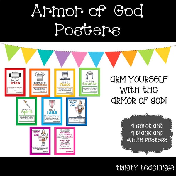 18 Armor of God Posters. 9 Color, 9 Black and White. Classroom Wall Charts. 8.5 x 11 inches