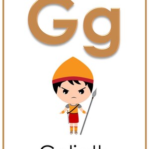 May include: A brown letter G with a lowercase g next to it. Below the letters is a cartoon illustration of Goliath, a giant from the Bible, wearing a red and orange helmet and holding a spear. The word "Goliath" is written below the illustration.