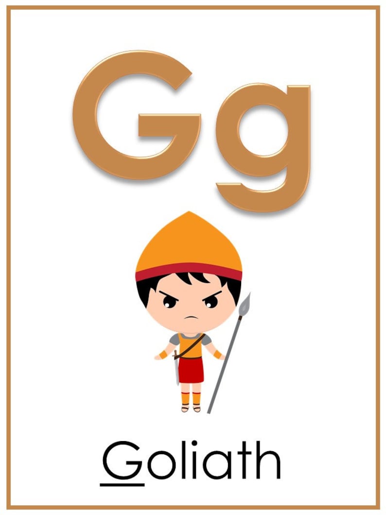 May include: A brown letter G with a lowercase g next to it. Below the letters is a cartoon illustration of Goliath, a giant from the Bible, wearing a red and orange helmet and holding a spear. The word "Goliath" is written below the illustration.