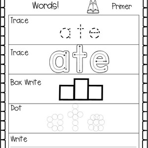 May include: Black and white worksheet for learning sight words. The word "ate" is shown with dotted lines for tracing, then a box to write the word, a dot-to-dot activity, and a blank line to write the word.