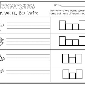10 Printable Homonyms Color, Trace, Box Write Worksheets. 1st-2nd Grade ...