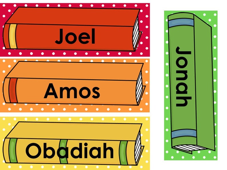 May include: Three colorful book-shaped cards with the names "Joel", "Amos", and "Obadiah" printed on them. A green book-shaped card with the name "Jonah" printed on it.