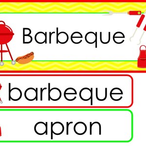 Conjunto de pared de palabras temáticas de una sola semana de barbacoa de verano. Etiquetas para tablones de anuncios de aula para niños de preescolar, guardería y jardín de infantes.