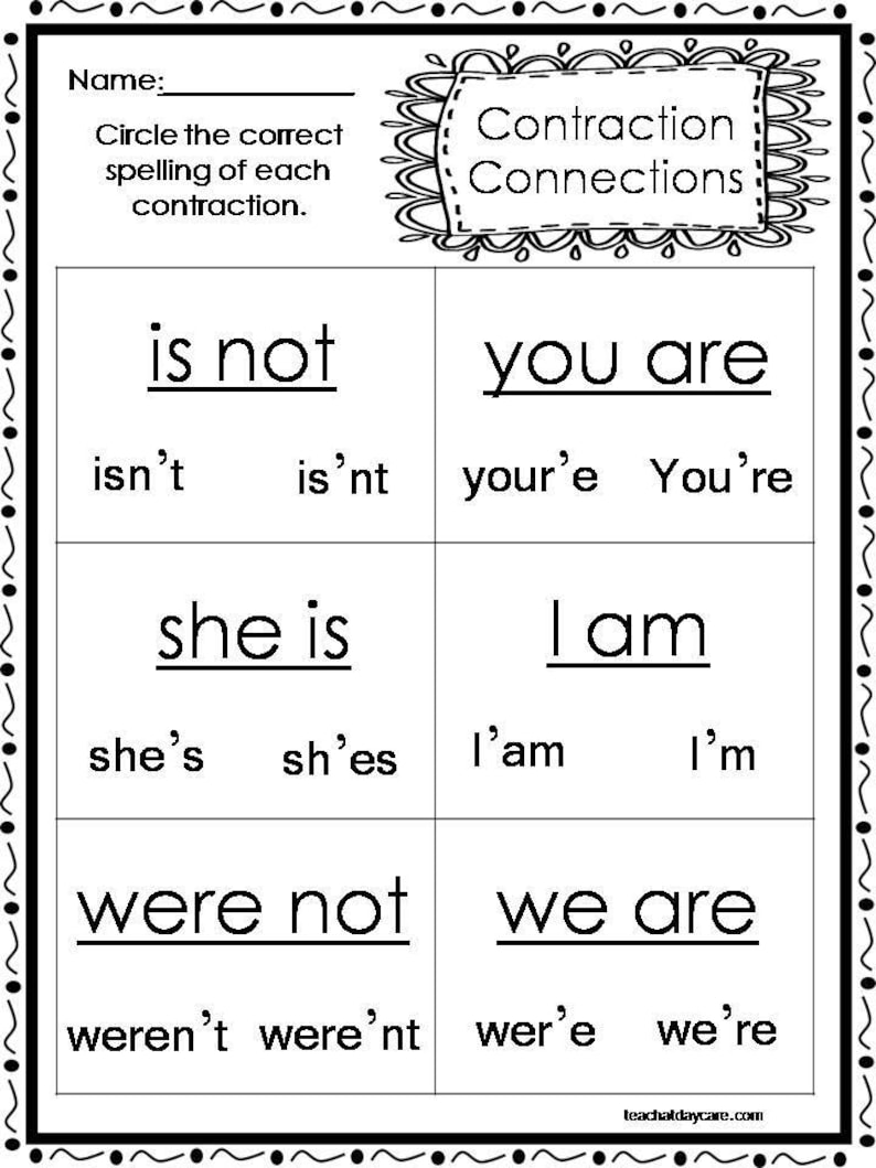 Peut inclure: Feuille de travail noir et blanc avec le titre "Contraction Connections". La feuille de travail comporte quatre sections avec diff&eacute;rentes contractions et leurs orthographes correctes. Les contractions sont "is not", "you are", "she is", "I am", "were not", et "we are".