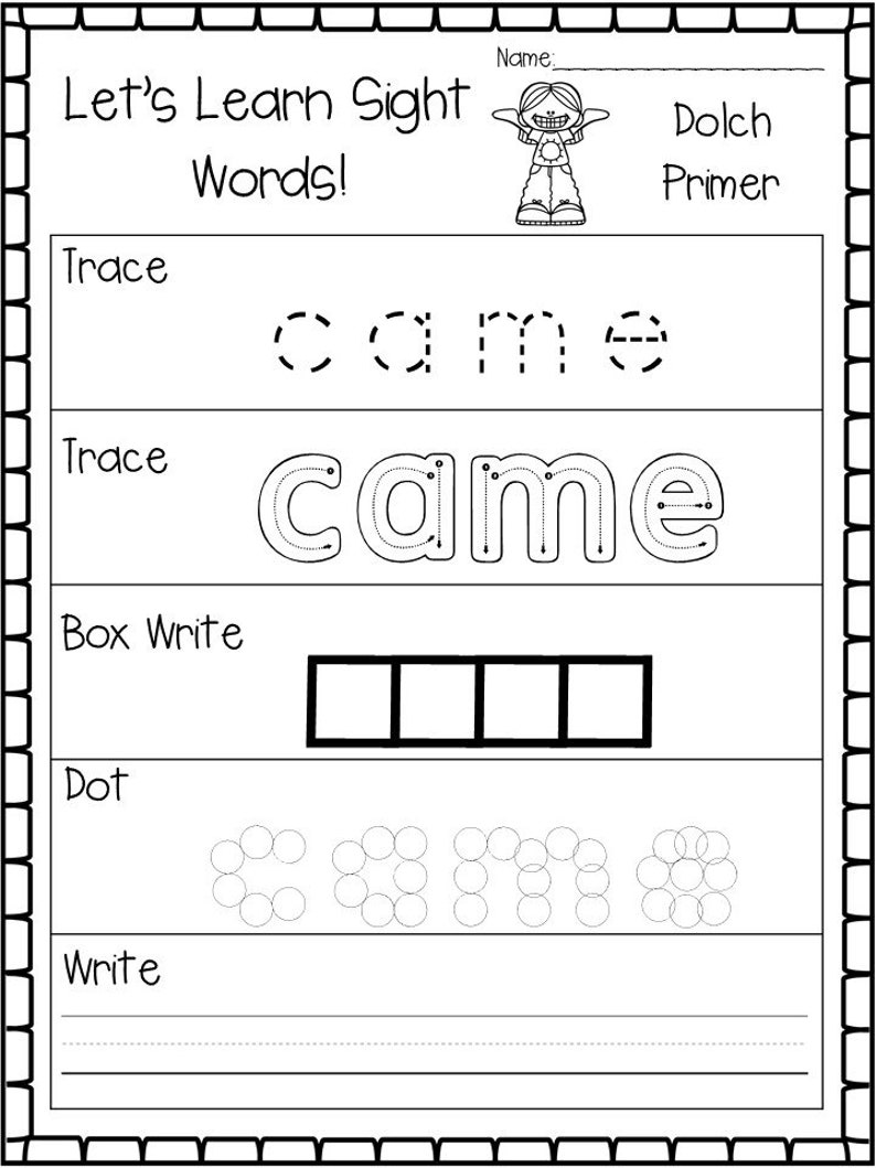 May include: Black and white worksheet for learning sight words. The word "came" is written in dotted lines for tracing, then in boxes for writing, and finally with dots to connect. The worksheet is titled "Let's Learn Sight Words!" and includes the text "Dolch Primer".