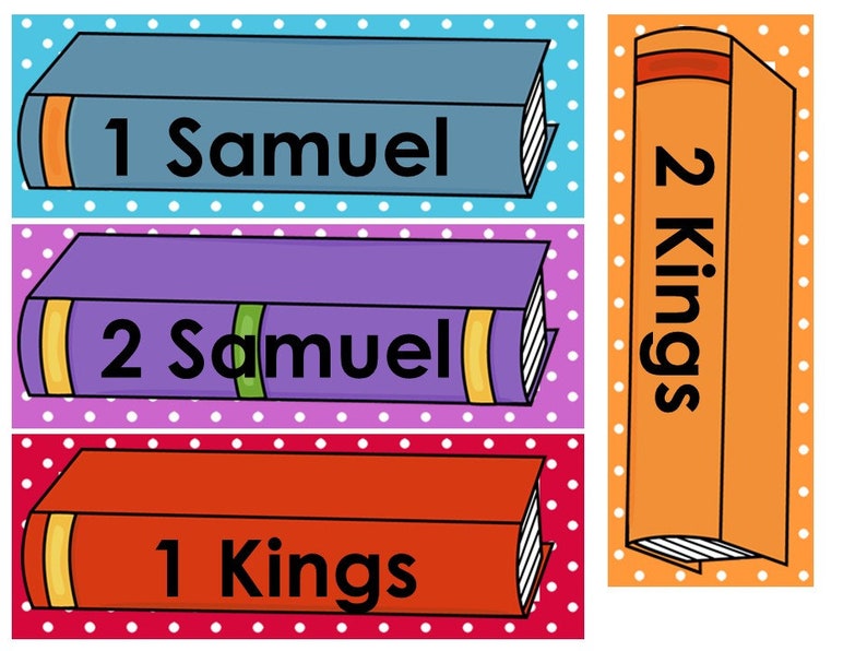 May include: Three colorful book spines with the titles "1 Samuel", "2 Samuel", and "1 Kings" and a fourth orange spine with the title "2 Kings".