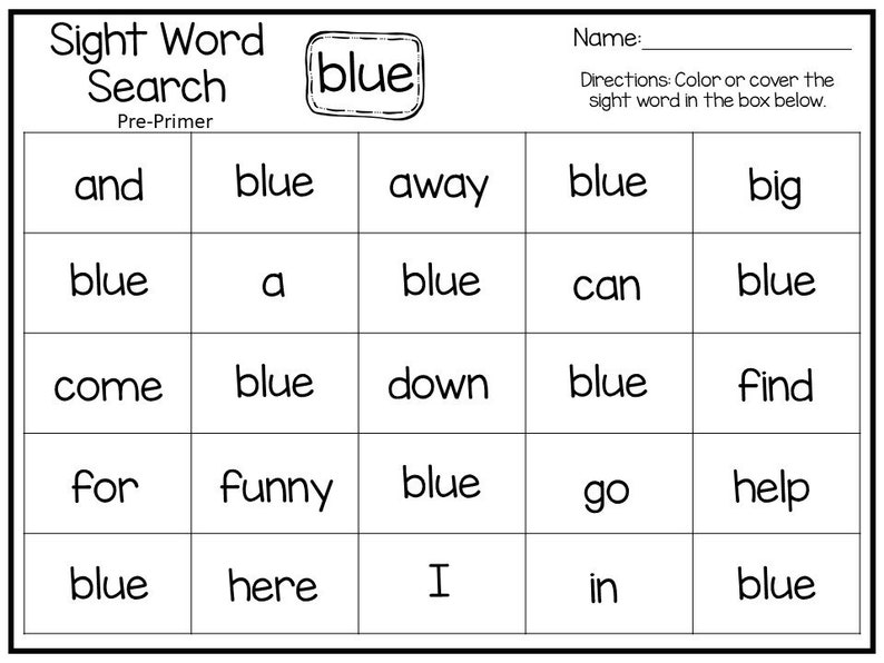 40 printable dolch pre primer sight word search worksheets