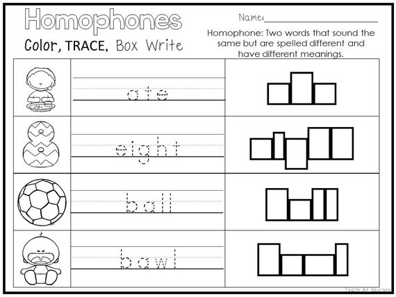 14 printable homophones color trace box write worksheets etsy