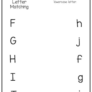 Pode incluir: Folha de trabalho para combinar letras mai&uacute;sculas e min&uacute;sculas. As letras F, G, H, I e J est&atilde;o no lado esquerdo da p&aacute;gina, e as letras h, j, f, g e i est&atilde;o no lado direito da p&aacute;gina. Os alunos devem desenhar uma linha da letra mai&uacute;scula para a letra min&uacute;scula.