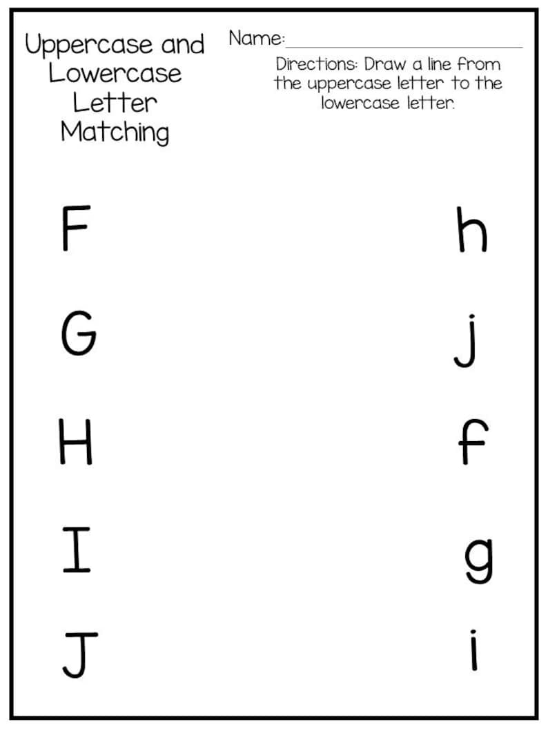 Pode incluir: Folha de trabalho para combinar letras mai&uacute;sculas e min&uacute;sculas. As letras F, G, H, I e J est&atilde;o no lado esquerdo da p&aacute;gina, e as letras h, j, f, g e i est&atilde;o no lado direito da p&aacute;gina. Os alunos devem desenhar uma linha da letra mai&uacute;scula para a letra min&uacute;scula.