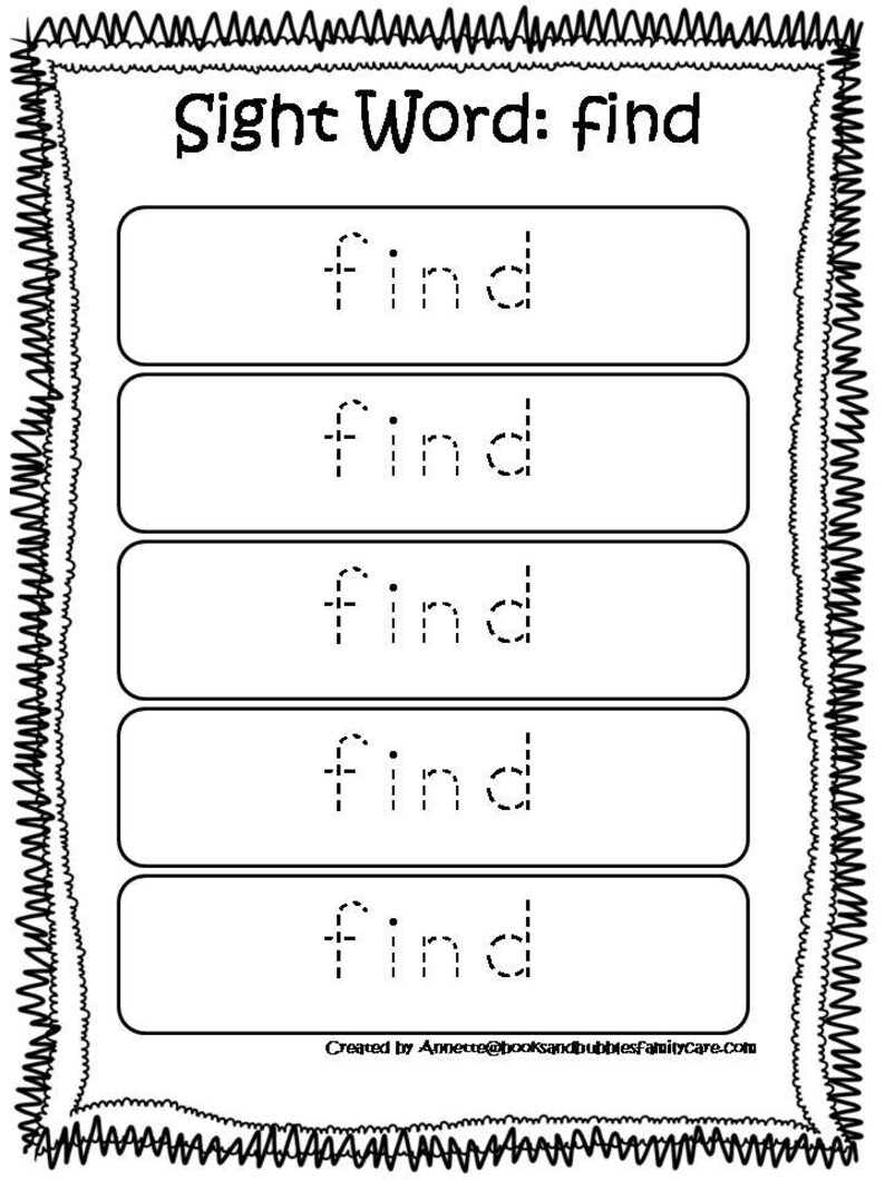 May include: Black and white worksheet with the word "find" at the top. The word "find" is repeated five times in dashed lines for tracing practice.