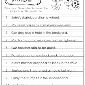 Identifying Subject, Predicates, and Verbs in a Sentence Worksheets. image 3