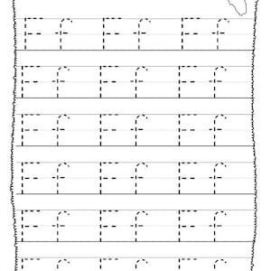May include: A printable worksheet with the letter "F" in dashed lines for tracing. The worksheet has six rows of three "F" letters each. The title of the worksheet is "Trace the letters".