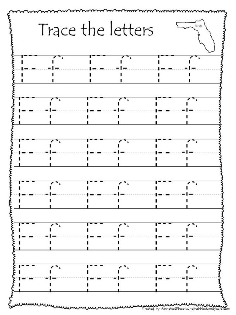 May include: A printable worksheet with the letter "F" in dashed lines for tracing. The worksheet has six rows of three "F" letters each. The title of the worksheet is "Trace the letters".