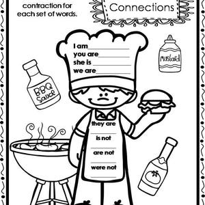 Peut inclure: Illustration en noir et blanc d'un chef tenant un hamburger et un barbecue. Le chef porte un chapeau de chef et un tablier. Le texte "Contraction Connections" est en haut de la page. Le texte "I am, you are, she is, we are, they are, is not, are not, were not" est &eacute;crit sur la page.
