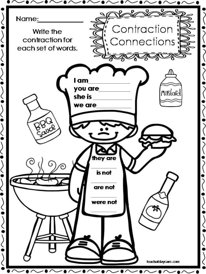 Peut inclure: Illustration en noir et blanc d'un chef tenant un hamburger et un barbecue. Le chef porte un chapeau de chef et un tablier. Le texte "Contraction Connections" est en haut de la page. Le texte "I am, you are, she is, we are, they are, is not, are not, were not" est &eacute;crit sur la page.