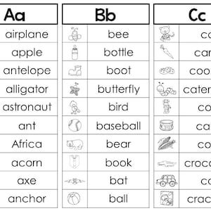 26 Printable Alphabet Word Lists. Preschool-KDG Phonics.