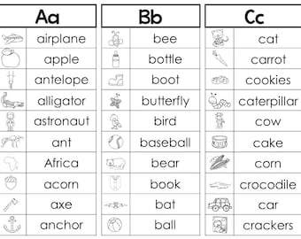 26 Printable Alphabet Word Lists. Preschool-KDG Phonics.
