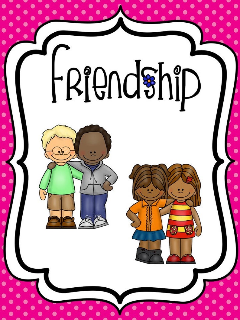 May include: Illustration of four children, two boys and two girls, smiling and standing with their arms around each other. The word "Friendship" is written in black at the top of the image.