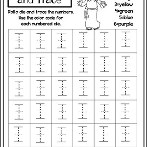 May include: Black and white worksheet with the title "Number Roll and Trace". The worksheet has a grid of squares with lines to trace the numbers 1 through 6. There are six dice at the bottom of the page with different numbers of dots on each die. The worksheet also includes a color code for each number.