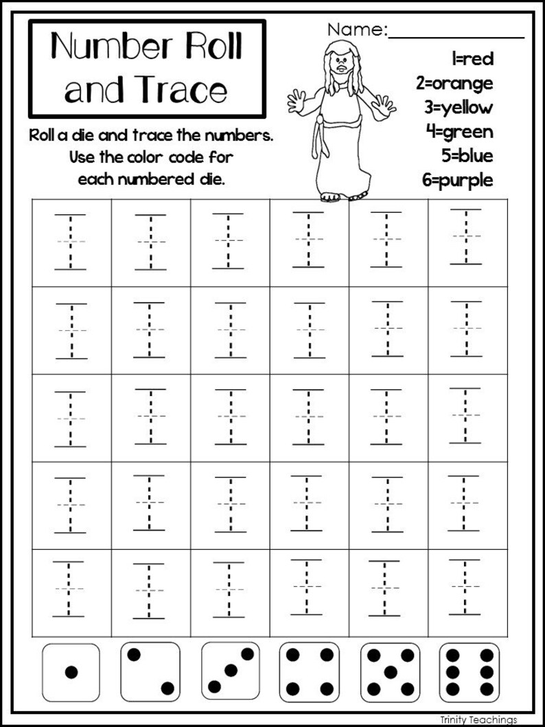 May include: Black and white worksheet with the title "Number Roll and Trace". The worksheet has a grid of squares with lines to trace the numbers 1 through 6. There are six dice at the bottom of the page with different numbers of dots on each die. The worksheet also includes a color code for each number.