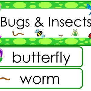 Conjunto de pared de palabras temáticas de una sola semana de insectos e insectos. Etiquetas para tablones de anuncios de aula para niños de preescolar, guardería y jardín de infantes.