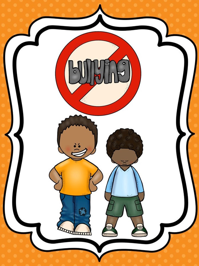 May include: A red circle with a diagonal line through it and the word "bullying" in black text. Two cartoon boys stand next to each other. The boy on the left is smiling and the boy on the right has a neutral expression.