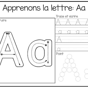 Vamos aprender as letras em planilhas de fonética pré-escolar em francês, traçar e escrever e pontilhar.
