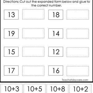 Op de afbeelding: Een werkblad met de titel "Uitgebreide vorm" en instructies om de uitgebreide vorm hieronder uit te knippen en op het juiste nummer te plakken. Het werkblad heeft 10 vakjes met de nummers 13, 18, 19, 14, 15, 12, 17, 16 en 10+3, 10+5, 10+8, 10+2, 10+9, 10+7, 10+4, 10+4.