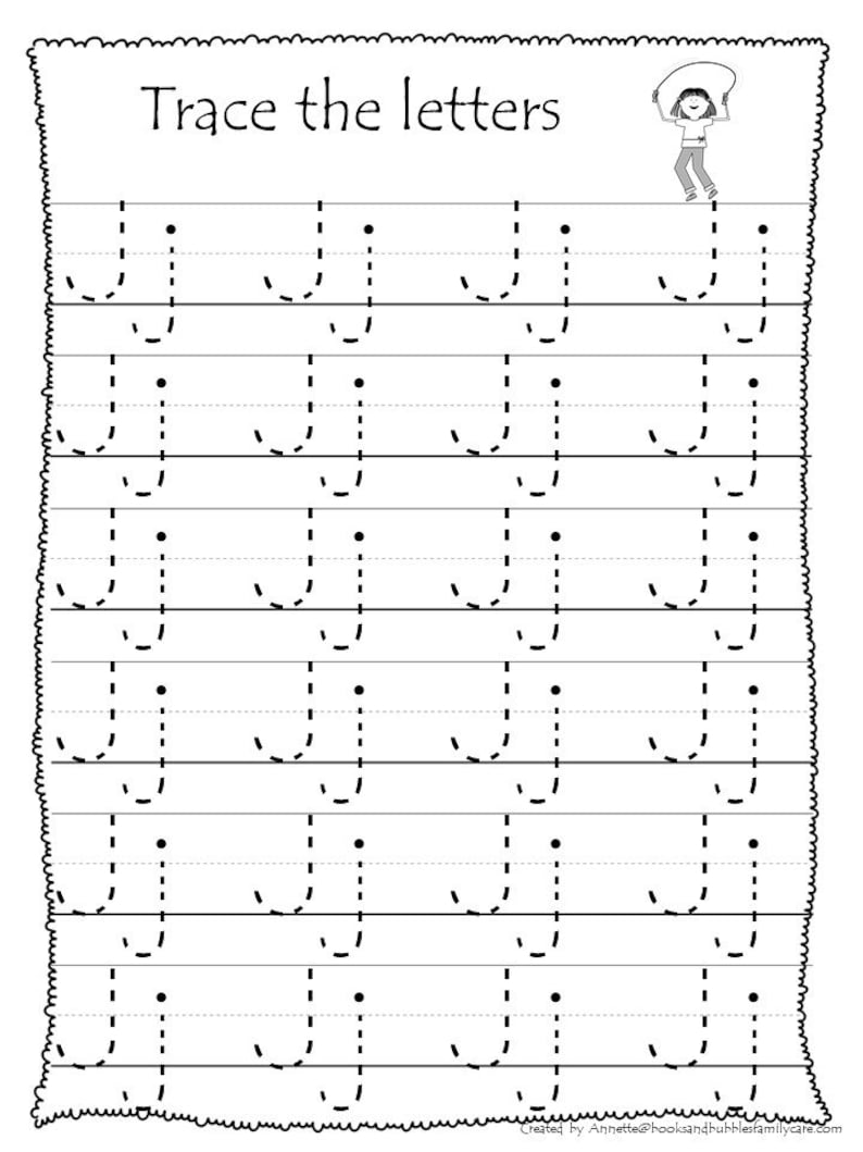 May include: A printable worksheet with the letter "J" in dotted lines for tracing. The worksheet has the title "Trace the letters" and a cartoon of a girl jumping rope.