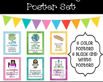 12 The Lord's Prayer Posters. 6 Color, 6 Black and White. Classroom Wall Charts. 8.5 x 11 inches...Additional Version included.
