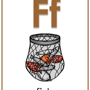 May include: A brown letter F with a lowercase f next to it. Below the letter is a black and white illustration of a fishing net with orange and red fish inside. The word "fish" is written below the net.