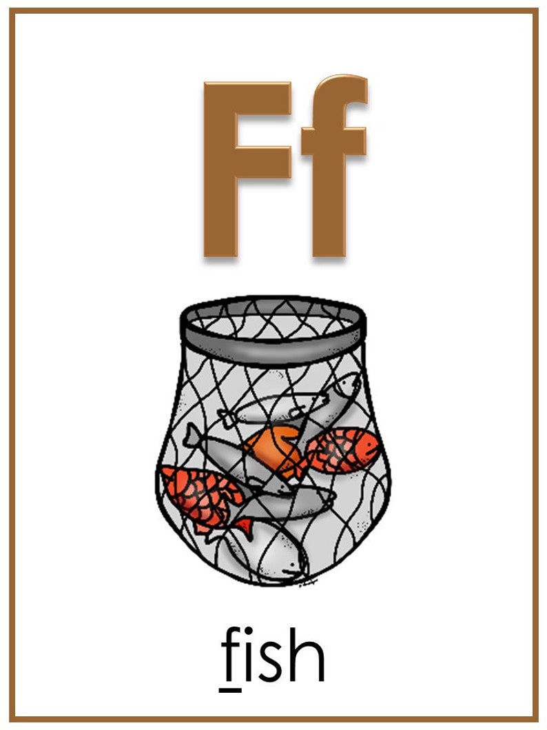 May include: A brown letter F with a lowercase f next to it. Below the letter is a black and white illustration of a fishing net with orange and red fish inside. The word "fish" is written below the net.
