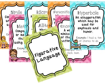 8 Printable Figurative Language Posters.  Full Page Classroom Wall Charts. 8.5 x 11 inches