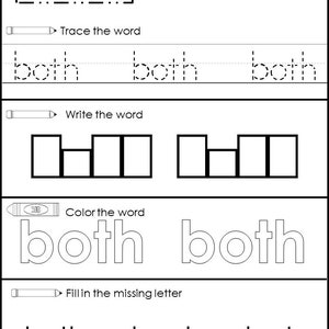 May include: A black and white worksheet with the word "both" in a dashed box. The worksheet includes tracing, writing, and coloring activities for the word "both", along with fill-in-the-blank exercises. The website teachatdaycare.com is at the bottom.