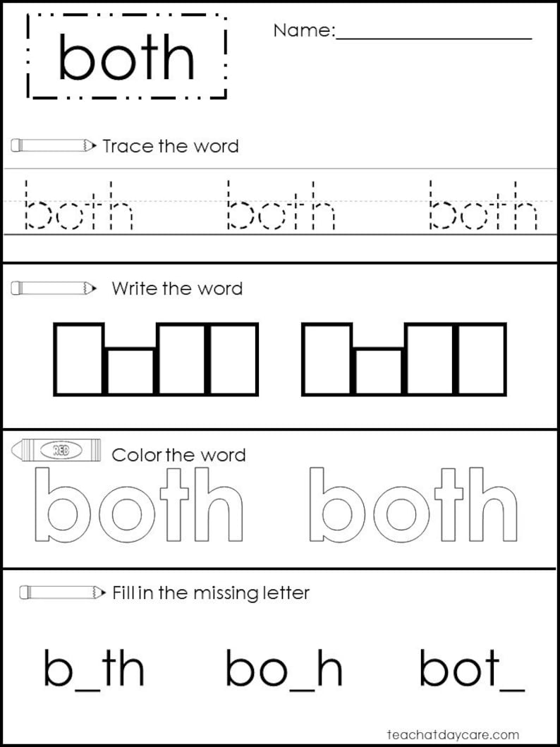 May include: A black and white worksheet with the word "both" in a dashed box. The worksheet includes tracing, writing, and coloring activities for the word "both", along with fill-in-the-blank exercises. The website teachatdaycare.com is at the bottom.