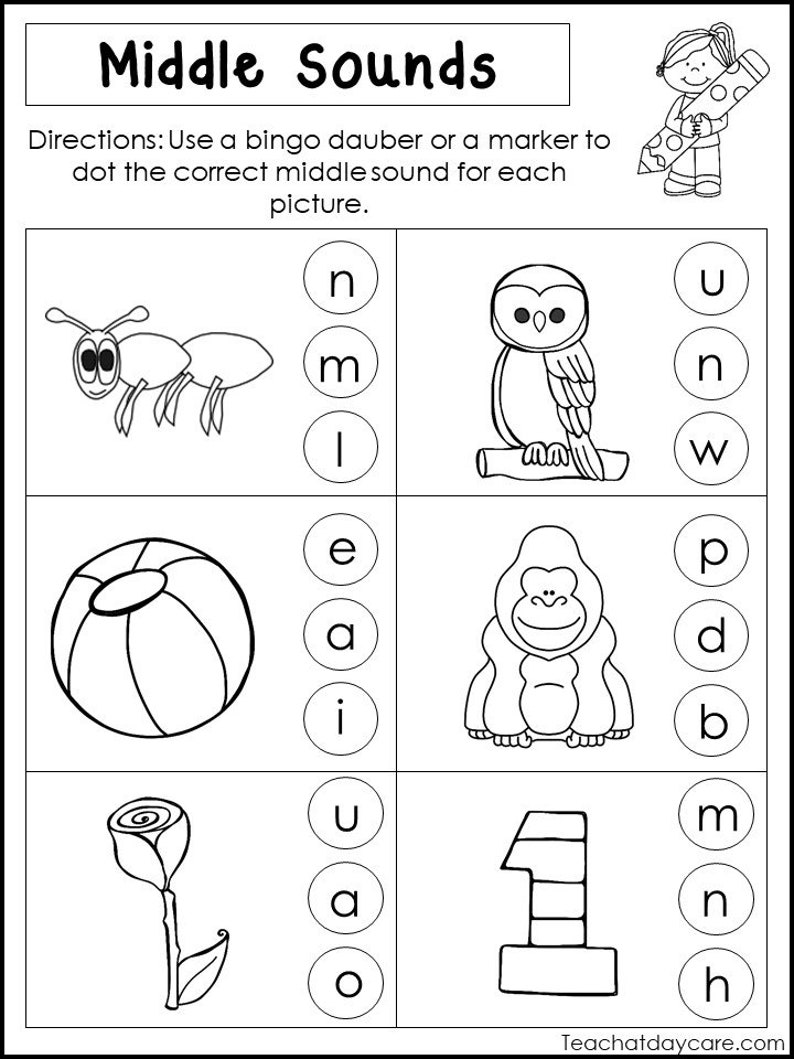 10 printable middle sounds worksheets preschool 1st grade