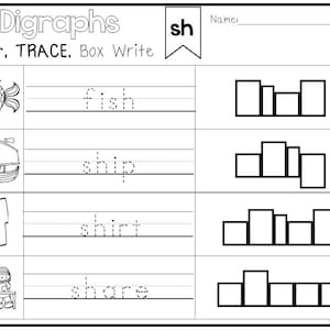 20 Printable Digraphs Color, trace, Write, and Box Write Worksheets. Kindergarten-2nd Grade ELA Worksheets.