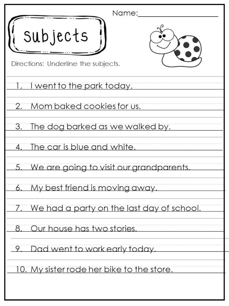 Identifying Subject, Predicates, and Verbs in a Sentence Worksheets. image 1