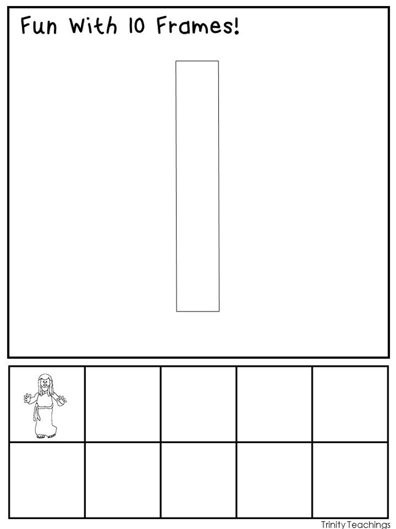 May include: A black and white printable worksheet with the text "Fun With 10 Frames!" at the top. The worksheet has a 10 frame grid with a single image of a person in the first square.