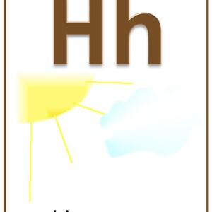 May include: A brown letter H with a picture of a yellow sun and a blue cloud. The word "Heaven" is written below the letter.