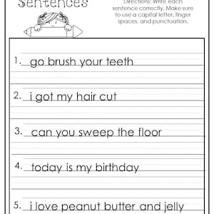 10 Printable Correct the Sentences Worksheets. 1st-2nd Grade | Etsy
