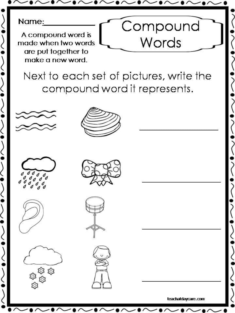 Peut inclure: Feuille de travail noir et blanc avec le titre "Mots compos&eacute;s". La feuille de travail contient une d&eacute;finition d'un mot compos&eacute; et quatre ensembles d'images repr&eacute;sentant des mots compos&eacute;s. Les images comprennent un coquillage et des vagues, un nuage avec des gouttes de pluie, un n&oelig;ud et un tambour, et un nuage avec des flocons de neige et une personne.