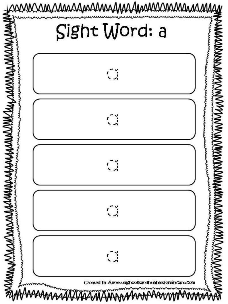 May include: Black and white worksheet with the words "Sight Word: a" at the top. There are five lines with dotted letters "a" on each line.