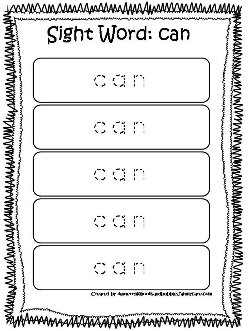 May include: Black and white worksheet with the word "Sight Word: can" at the top. The word "can" is written five times in dotted lines for tracing.
