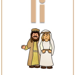 May include: A brown letter I with a brown circle next to it. Below the letter is a cartoon image of a man and woman in brown and white robes. The text "Isaac" is below the image.